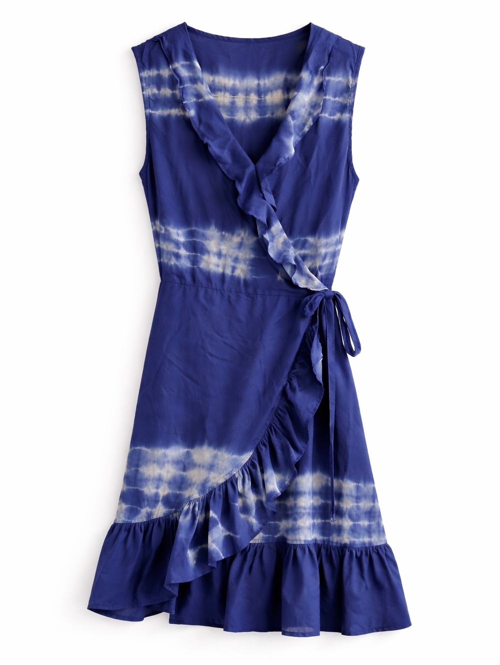 Esqualo Blue Tie Dye Ruffle Wrap Dress, 10, Boho Midi Sleeveless Summer